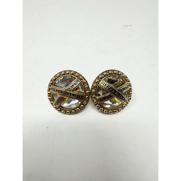 Pierre Balmain Vintage 1970s Cross Round Clip On Earrings Gold Tone White Stone - Picture 1 of 5